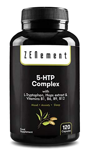 5-HTP Complex con L-triptófano, extracto de Lúpulo y vitaminas B1, B6, B9, B12, 120 Cápsulas, para el estado de ánimo, el sueño, el dolor, la ansiedad y la obesidad, No GMO, 100% Natural