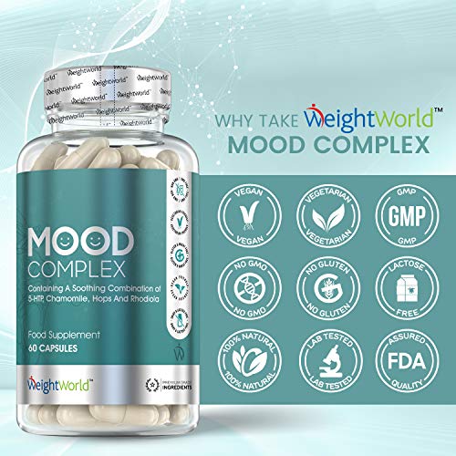 5 HTP Mood Complex - Suplemento para el Estado de Ánimo, Mejora el Insomnio y Disminuye el Estrés y la Ansiedad - Con vitamina C, B6, B12, B5, Ácido Fólico, Magnesio, Zinc, 60 Cápsulas Veganas