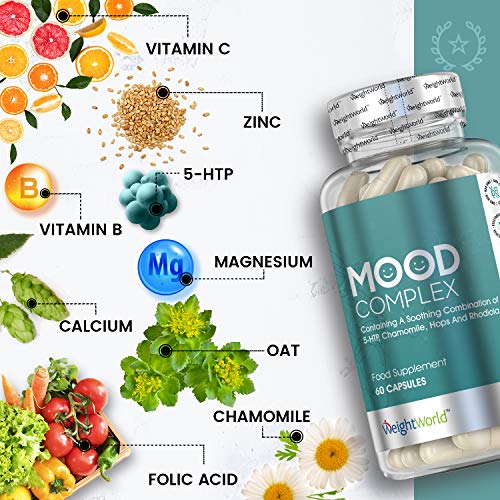 5 HTP Mood Complex - Suplemento para el Estado de Ánimo, Mejora el Insomnio y Disminuye el Estrés y la Ansiedad - Con vitamina C, B6, B12, B5, Ácido Fólico, Magnesio, Zinc, 60 Cápsulas Veganas