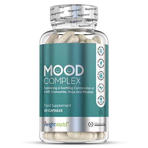 5 HTP Mood Complex - Suplemento para el Estado de Ánimo, Mejora el Insomnio y Disminuye el Estrés y la Ansiedad - Con vitamina C, B6, B12, B5, Ácido Fólico, Magnesio, Zinc, 60 Cápsulas Veganas
