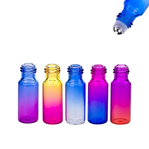 5 ml Botellas de rodillo de aceite esencial de vidrio de color arco iris con bolas de rodillo de acero inoxidable, aceites esenciales, perfumes, bálsamos labiales, 15 piezas