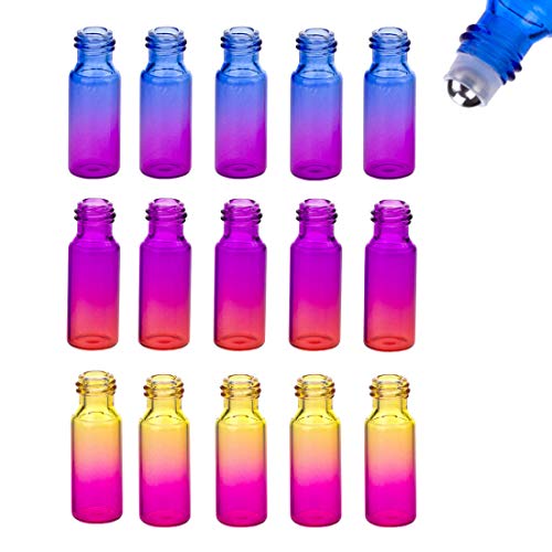 5 ml Botellas de rodillo de aceite esencial de vidrio de color arco iris con bolas de rodillo de acero inoxidable, aceites esenciales, perfumes, bálsamos labiales, 15 piezas