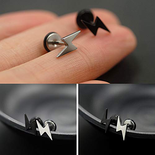 5 Pairs Stainless Steel Stud Earrings Set for Men Women Girl Boy, Men Earrings Gold, Lightning Silver Earrings for women, Titanium Black Earrings Studs Small Piercing Plugs Tunnel Hypoallergenic 8MM