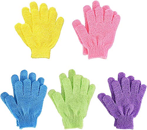 5 pares Guantes exfoliantes de doble cara Guantes de baño, Guantes de ducha para el cuerpo, Guantes de baño de lavado de doble cara para ducha Cuerpo Spa Masaje Eliminador de células de piel muerta