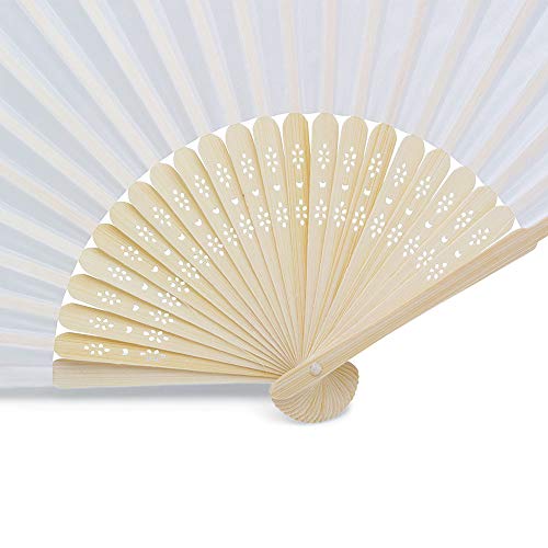 50 Abanicos de Seda para Boda de color Blanco con Bolsita Individual en Organza (50 Abanicos)