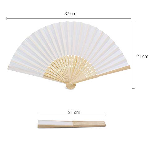 50 Abanicos de Seda para Boda de color Blanco con Bolsita Individual en Organza (50 Abanicos)
