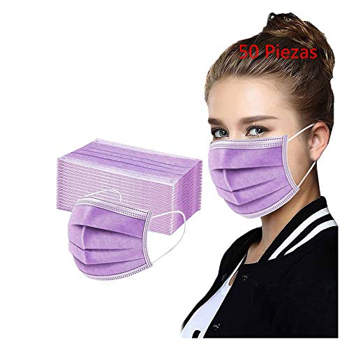 50 Piezas Adulto Protección, ???????????, 3 Capas Transpirables con Elástico para Los Oídos Seguro Suave Transpirable Protección personal diaria, Polvo ?outh Protección (Morado)
