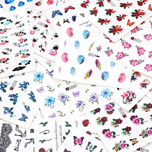 50 Piezas Pegatinas de Uñas, Mwoot Nail Art Stickers, Multicolor Decoración de Uñas Pegatinas Transferencia Agua Mariposas Plumas Flores Cordón