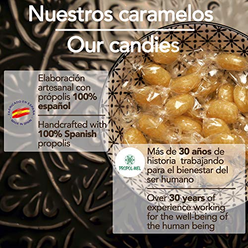 500 g - Caramelos de Propoleo Sin gluten y Sin azucar. Elaborado con propolis puro finamente troceado. Recomendado para el mal aliento, el aparato bucal y la garganta.
