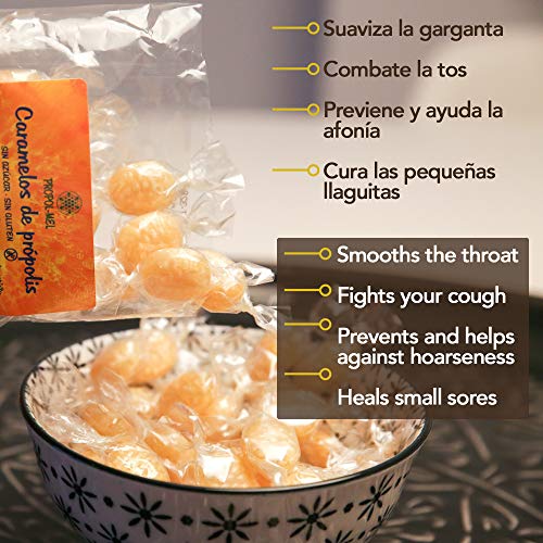500 g - Caramelos de Propoleo Sin gluten y Sin azucar. Elaborado con propolis puro finamente troceado. Recomendado para el mal aliento, el aparato bucal y la garganta.
