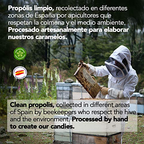500 g - Caramelos de Propoleo Sin gluten y Sin azucar. Elaborado con propolis puro finamente troceado. Recomendado para el mal aliento, el aparato bucal y la garganta.