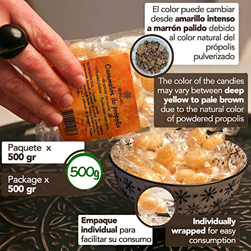 500 g - Caramelos de Propoleo Sin gluten y Sin azucar. Elaborado con propolis puro finamente troceado. Recomendado para el mal aliento, el aparato bucal y la garganta.