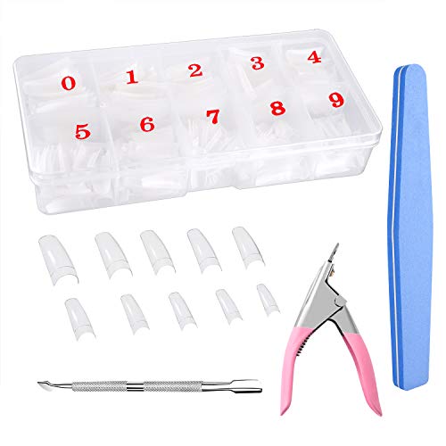 500 Piezas Dama Francés Estilo Acrílico Artificial Puntas de Uñas con Acrílico Cortaúñas, Removedor de Cutícula y Lima de Uñas para Mujeres Niñas (10 Tamaños)