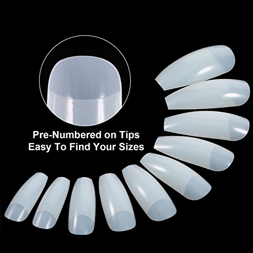 500 Piezas de Uña Larga de Bailarina en Forma de Ataúd Puntas de Uñas Falsas de Acrílico, 10 Tamaños y Color Natural