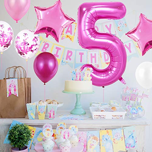 5er Cumpleaños Globos, Decoración de cumpleaños 5 en Rosas, Feliz cumpleaños Decoración Globos 5 Años, Globos Numeros para Fiestas,Globos de Aluminio para Niñas
