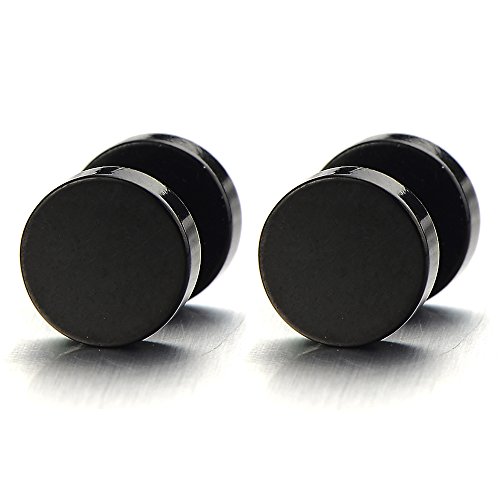 5MM Círculo Negro, Enchufe falso Fake Plug, Pendientes de Hombre, Aretes, Acero Inoxidable, 2 Piezas