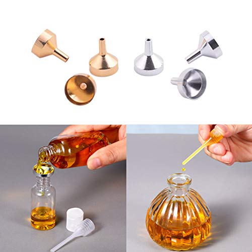 6 embudos pequeños de metal con 2 paquetes de mini pipeta y caja de almacenamiento de plástico para rellenar pequeñas mini botellas atomizador perfume líquido loción – oro/plata