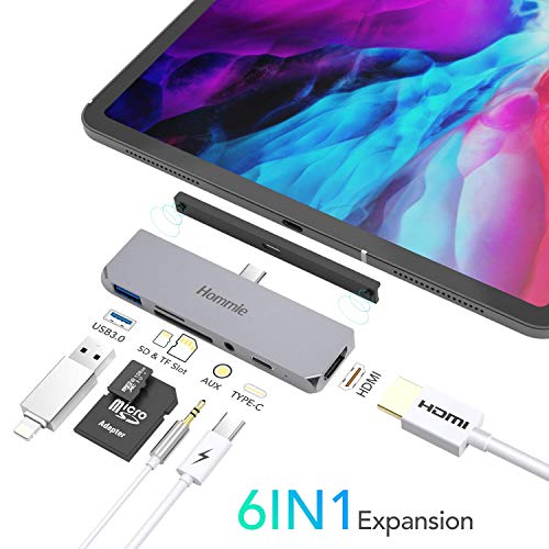6 En 1 HUB USB C para iPad Pro 2018/2020,Hommie Adaptador iPad Pro a HDMI 4K,Carga PD,Auriculares de 3.5mm,Lector Tarjeta,Dock USB C para Macbook Pro/Samsung S8/S9/Note8 y Más Dispositivos Tipo C,Gris