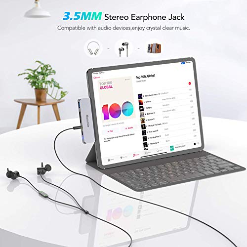 6 En 1 HUB USB C para iPad Pro 2018/2020,Hommie Adaptador iPad Pro a HDMI 4K,Carga PD,Auriculares de 3.5mm,Lector Tarjeta,Dock USB C para Macbook Pro/Samsung S8/S9/Note8 y Más Dispositivos Tipo C,Gris