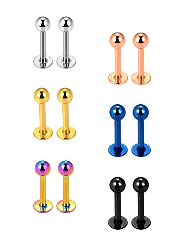6 Pares 16 Gauge de Piercing de Nariz de Acero Inoxidable Pendientes de Tragus Piercing de Labret Piercings de Cuerpo, 6 Colores