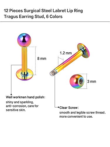 6 Pares 16 Gauge de Piercing de Nariz de Acero Inoxidable Pendientes de Tragus Piercing de Labret Piercings de Cuerpo, 6 Colores