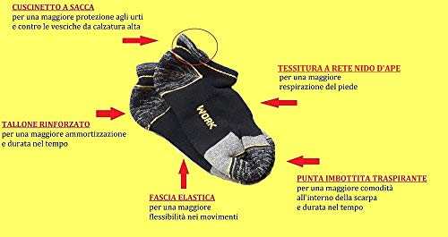 6 pares de calcetines técnicos de trabajo, deporte y tiempo libre, de algodón de alta resistencia, aptos para zapatos de seguridad con talón y punta reforzados, en 3 colores surtidos (Tg. 43/46)