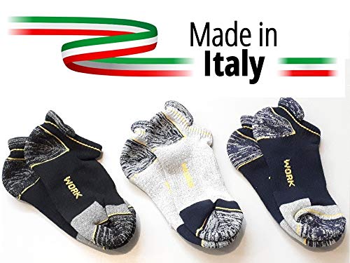 6 pares de calcetines técnicos de trabajo, deporte y tiempo libre, de algodón de alta resistencia, aptos para zapatos de seguridad con talón y punta reforzados, en 3 colores surtidos (Tg. 43/46)