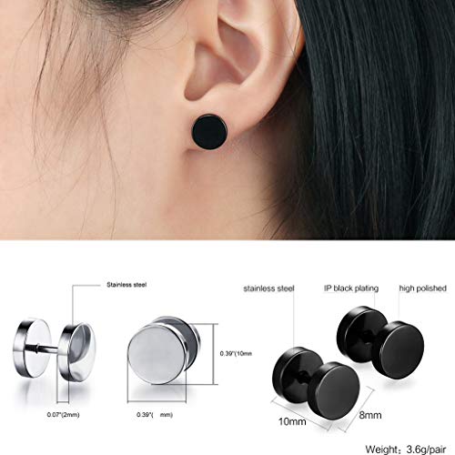 6 Pares de Pendientes de aro de Acero Inoxidable Pendientes para Hombres de Las Mujeres, Pendientes de aretes sin alergia, Plata Negro