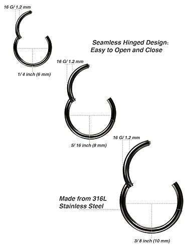6 Piezas 16 Gauge de Aro de Nariz de Acero Inoxidable Joyería de Piercing de Labio Oreja, 3 Tamaños (Negro)