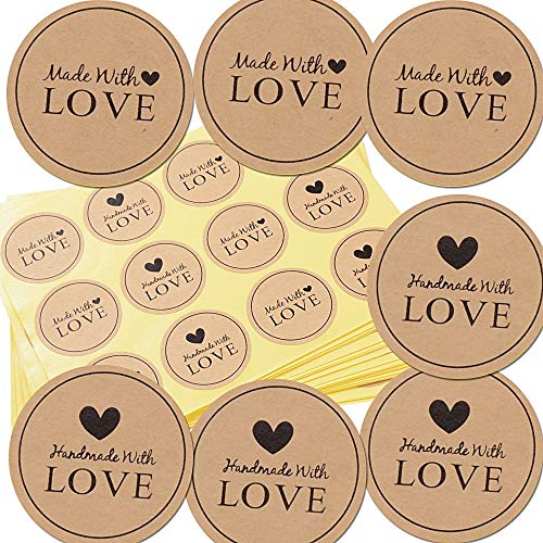 600pcs Etiqueta Adhesiva Pegatina Kraft para Sello Scrapbooking Regalo Bolsa Jabón Recuerdo Boda Fiesta Aniversario Cumpleaños (3.8 * 3.8cm) (Hand made With Love)