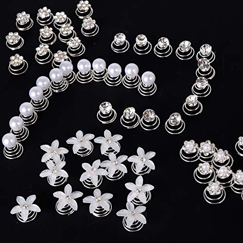 60pcs Horquilla Espiral de Perla Rhinestone Espirales Pelo Pinzas Cabello Flores Plata Blanca Accesorios Pelo Boda Novia Mujer Nupcial Comunión (5 Estilos Mezclados)