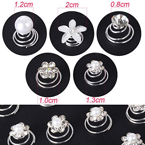 60pcs Horquilla Espiral de Perla Rhinestone Espirales Pelo Pinzas Cabello Flores Plata Blanca Accesorios Pelo Boda Novia Mujer Nupcial Comunión (5 Estilos Mezclados)