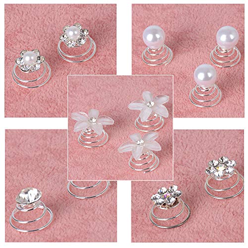 60pcs Horquilla Espiral de Perla Rhinestone Espirales Pelo Pinzas Cabello Flores Plata Blanca Accesorios Pelo Boda Novia Mujer Nupcial Comunión (5 Estilos Mezclados)