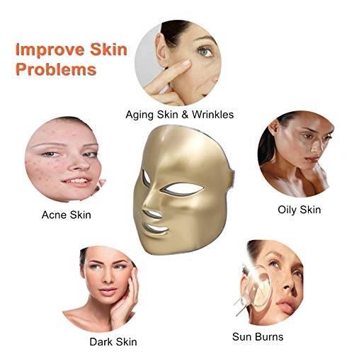 7 Color Fotón LED Mascarilla Eléctrica Therapy LED Máscara de la Rejuvenecimiento Belleza Facial Antienvejecimiento Piel Sana, Anti Envejecimiento, Arrugas,Colágeno, Cicatrización (color dorado)