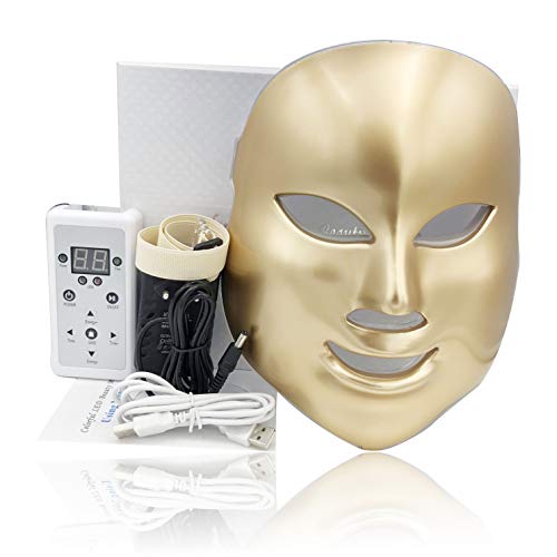 7 Color Fotón LED Mascarilla Eléctrica Therapy LED Máscara de la Rejuvenecimiento Belleza Facial Antienvejecimiento Piel Sana, Anti Envejecimiento, Arrugas,Colágeno, Cicatrización (color dorado)