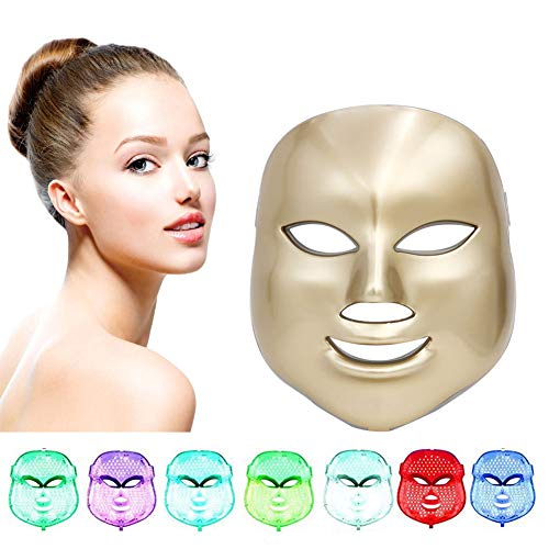 7 Color Fotón LED Mascarilla Eléctrica Therapy LED Máscara de la Rejuvenecimiento Belleza Facial Antienvejecimiento Piel Sana, Anti Envejecimiento, Arrugas,Colágeno, Cicatrización (color dorado)