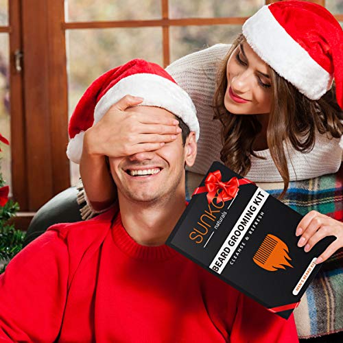 7 en 1 Kit de cuidado y recorte para el crecimiento con cuidado de la barba - SUNKCCI Aceite para barba sin perfume + Peine + Bálsamo + Cepillo + Tijeras + Bolsa de almacenamiento,