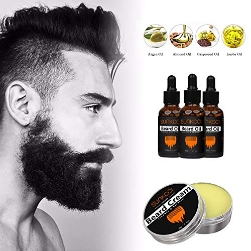7 en 1 Kit de cuidado y recorte para el crecimiento con cuidado de la barba - SUNKCCI Aceite para barba sin perfume + Peine + Bálsamo + Cepillo + Tijeras + Bolsa de almacenamiento,