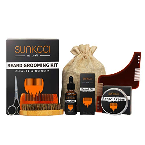7 en 1 Kit de cuidado y recorte para el crecimiento con cuidado de la barba - SUNKCCI Aceite para barba sin perfume + Peine + Bálsamo + Cepillo + Tijeras + Bolsa de almacenamiento,
