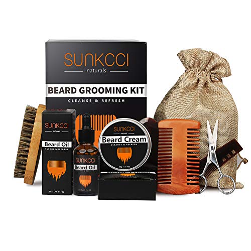 7 en 1 Kit de cuidado y recorte para el crecimiento con cuidado de la barba - SUNKCCI Aceite para barba sin perfume + Peine + Bálsamo + Cepillo + Tijeras + Bolsa de almacenamiento,