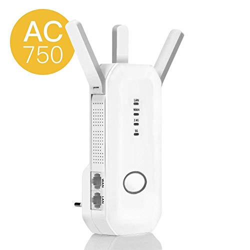 750Mbps WiFi Router/Repetidor/Ap Extensor Booster Rango Mini Ap Hotspot Punto de Acceso 5.0GHz/2.4GHz Amplificador de señal Adaptador de Red con Tres Antenas Adicionales de Banda Ancha y Función WPS