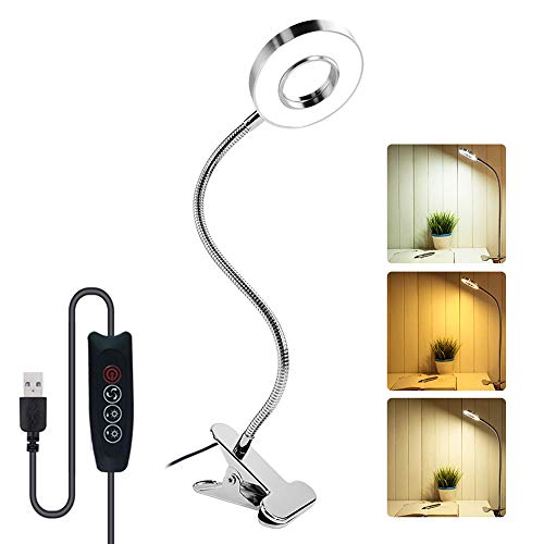7W Luz de Lectura USB con Pinza, 48 LED, 3 Modos de Luz y 10 Brillo Ajustable, 360° Flexible, Luz para Lectura USB Regulable de Cabecera, Lámpara para Libro, Tablet, Camping (plata)