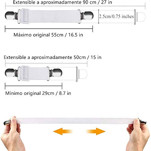 8 Piezas de Sujetadores para Sábanas, Hojas de Tirantes de Cama Elásticos Soportes de Ajustado, con Clips de Metal Ajustables para Tabla de Planchar Sábana Bajera Fundas de Colchón Sofá (Blanco)