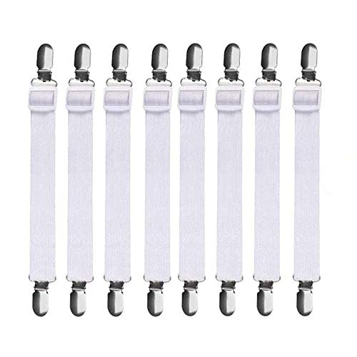 8 Piezas de Sujetadores para Sábanas, Hojas de Tirantes de Cama Elásticos Soportes de Ajustado, con Clips de Metal Ajustables para Tabla de Planchar Sábana Bajera Fundas de Colchón Sofá (Blanco)