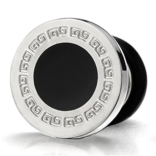8MM Modelo Dominante Griego 10MM Círculo Pendientes para Hombres, Acero Inoxidable con Esmalte Negro, 2 Piezas