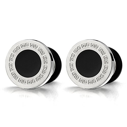 8MM Modelo Dominante Griego 10MM Círculo Pendientes para Hombres, Acero Inoxidable con Esmalte Negro, 2 Piezas
