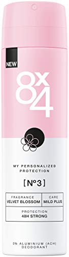 8X4 Desodorante en spray N°3 Velvet Blossom (150 ml), para mujer con aroma afrutado floral, desodorante sin aluminio para pieles sensibles