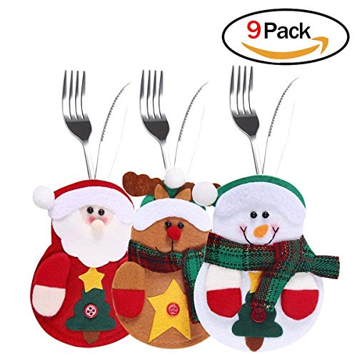 9 PCS Bolsita para cubiertos, tres diseño Papa Noel, Renos, Muñeco de Nieve para Decoración Navidad Cena Mesa