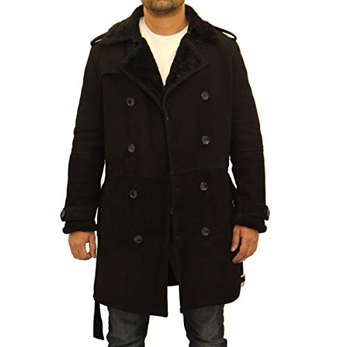 A a Z cuero para hombre de lujo piel de oveja de piel de oveja de invierno con doble botonadura con cinturón