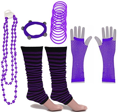 A-Express Mujer Chicas Calentador de Pierna Rayas Collar Pulsera Caucho Guantes para Tutu Fiesta Disfraces Un tamaño para Todos - Púrpura